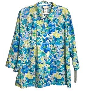 Alfred Dunner Cool Vibrations Blue Floral Short Sleeve Blouse NWT - Size XL